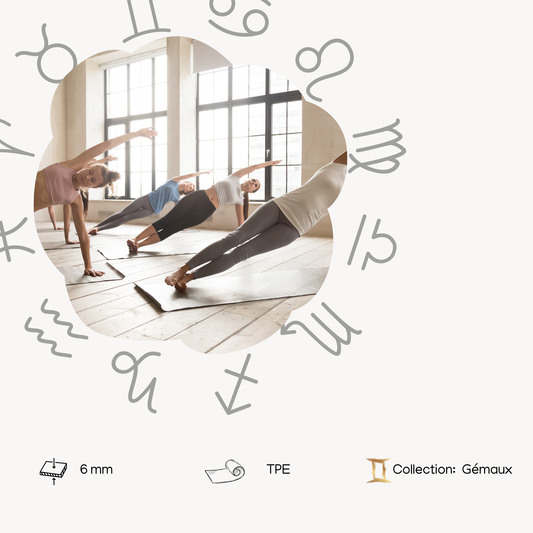 Détail du motif astrologique Gémeaux sur le tapis de yoga