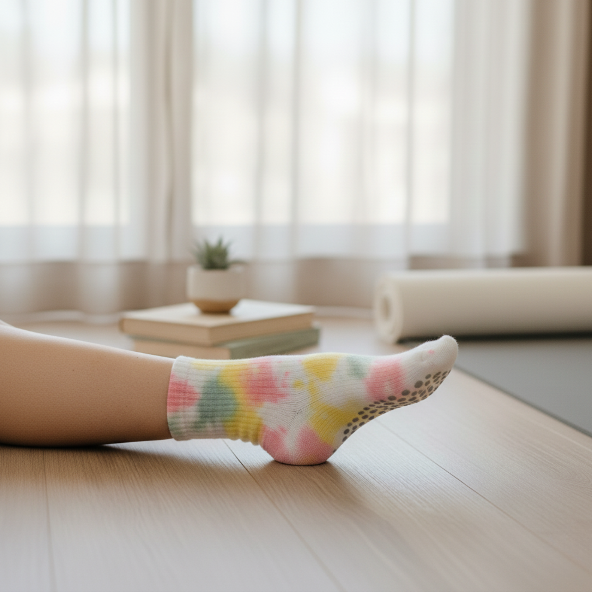 chaussettes pilates antidérapantes vert et rose